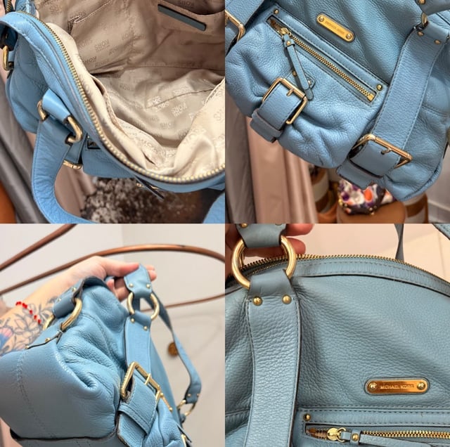 Detalhes da bolsa Michael Kors: forro, zíper, placa com o nome da marca e fivelas